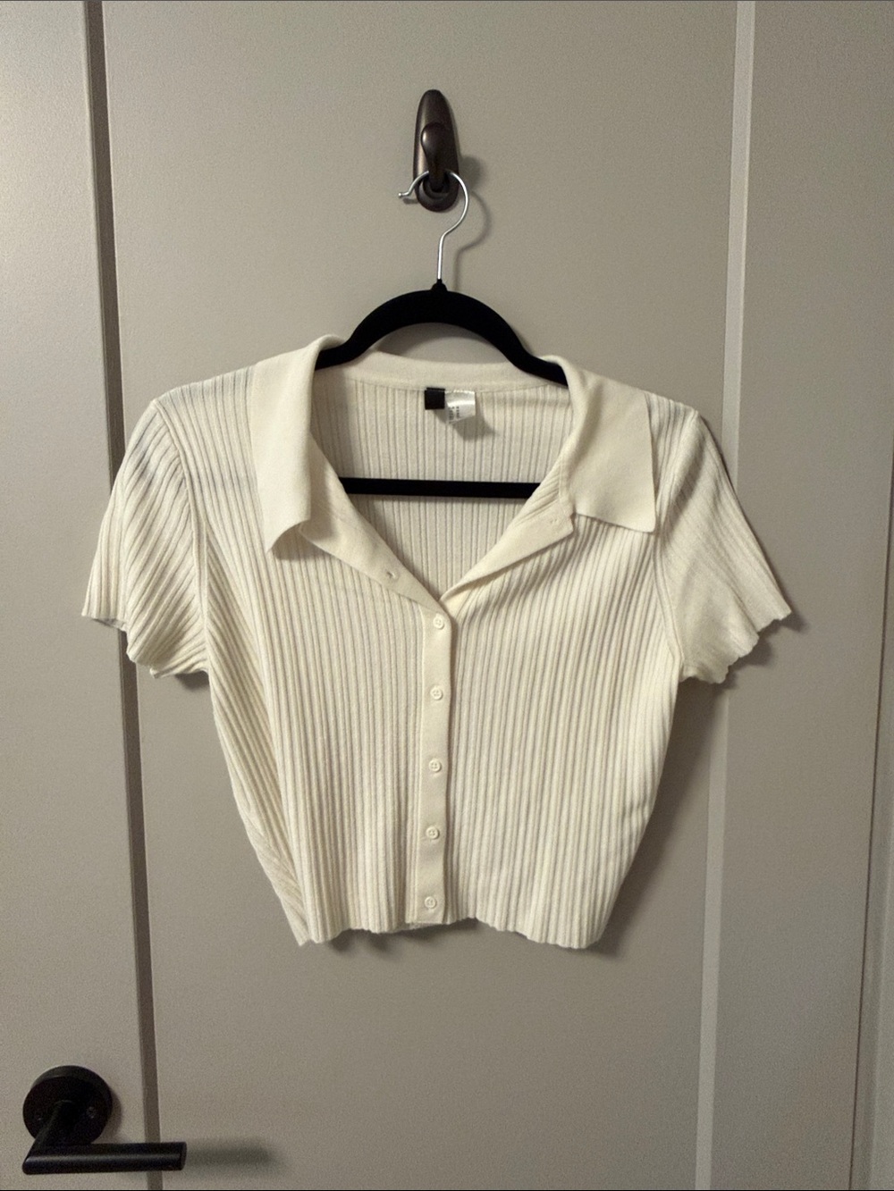 Divided Cream Ribbed Short-Sleeve Button-Down Top